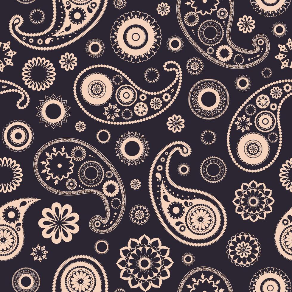 Ethnic Arab paisley seamless pattern with folk buta motif. Backdrop with traditional floral mehndi elements on black background. Colorful illustration for textile print, wrapping paper. vector