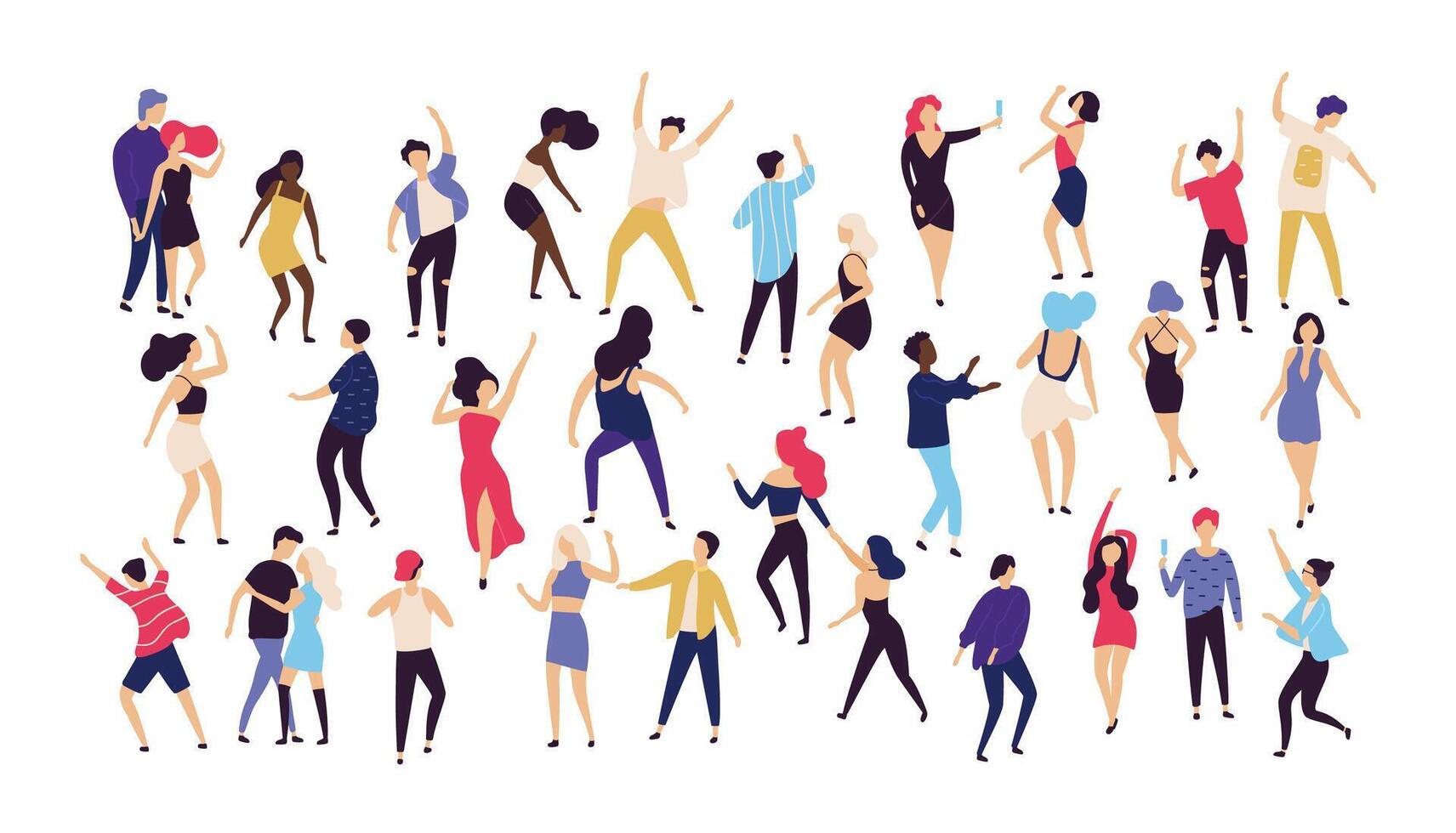Crowd of young men and women dressed in trendy clothes dancing at club or music concert. Large group of male and female cartoon characters having fun at party. Flat colorful illustration. vector