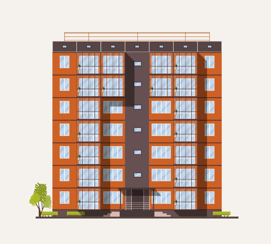 Exterior or facade of tall city apartment building built with concrete prefabricated panels or blocks in modern architectural style isolated on white background. Flat colorful illustration. vector