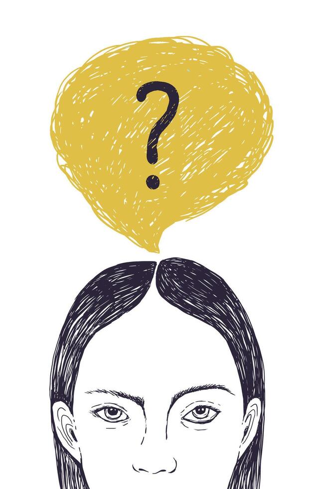 Head of young woman and thought bubble with interrogation point inside. Portrait of thoughtful girl thinking about problem solving and answering inner questions. Hand drawn illustration. vector