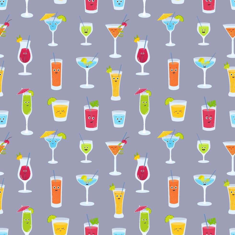 Seamless pattern with drinks in glasses with cute funny faces. Backdrop with fruit juices, alcoholic cocktails, refreshing beverages, smoothies or lemonades. illustration in flat cartoon style. vector