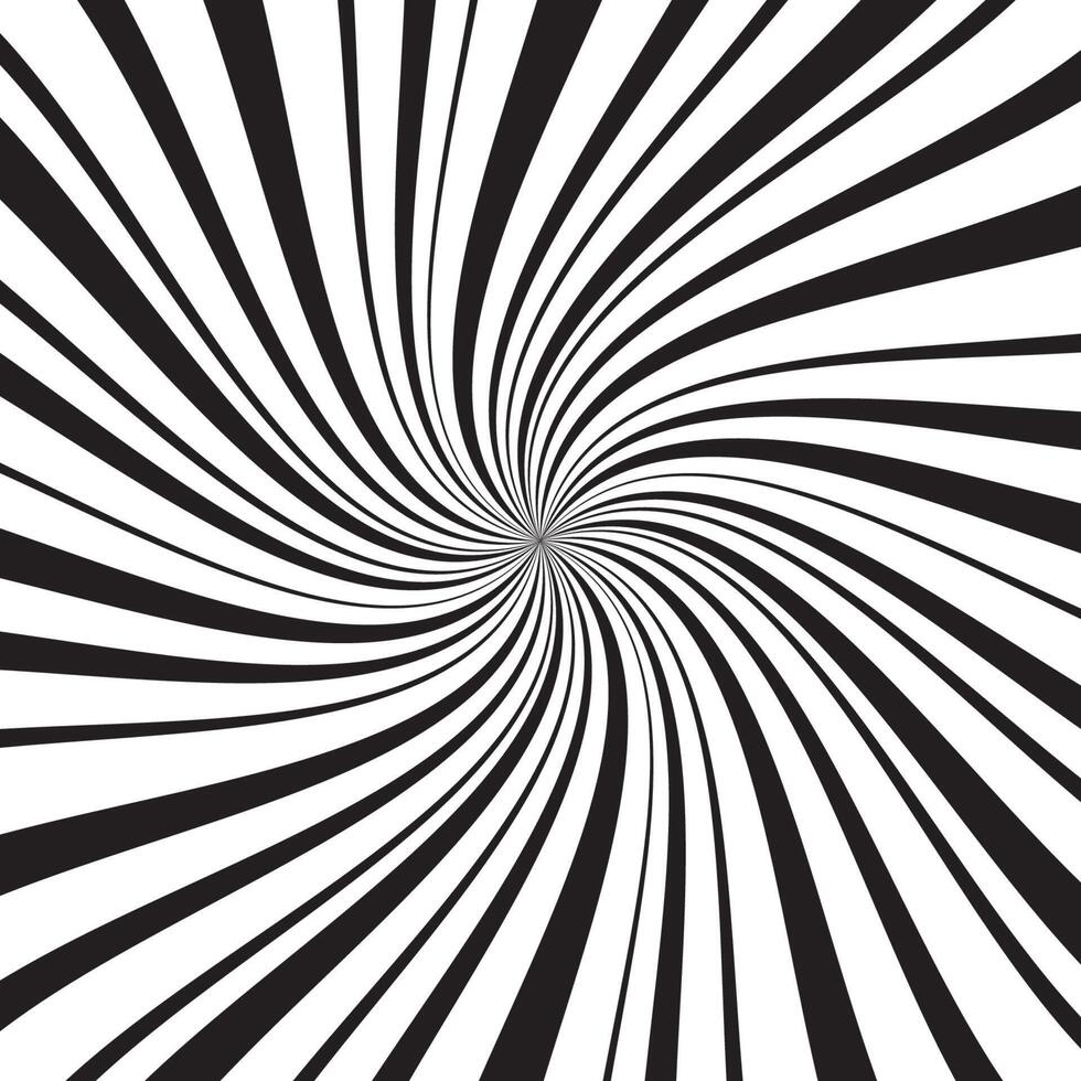 Geometric background with thin and thick radial rays, lines or stripes swirling around center. Backdrop with rotating illusion or hypnosis effect. Modern illustration in monochrome colors. vector