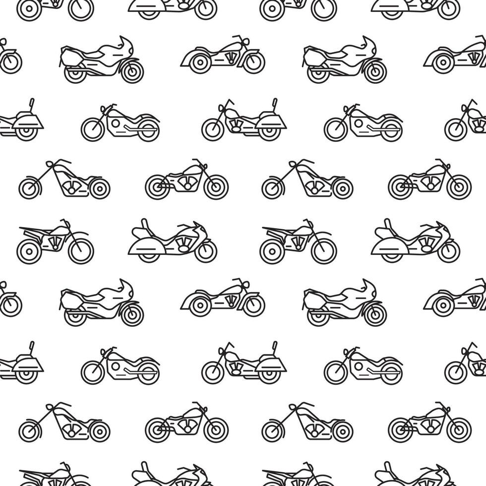 Seamless pattern with motorcycles of various types drawn with black contour lines on white background - chopper, bobber, sport and motocross bikes. illustration in modern lineart style. vector