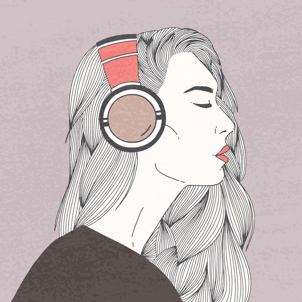 Profile portrait of gorgeous long-haired young woman with closed eyes wearing headphones. Beautiful girl or lady listening to music. Side view. Hand drawn illustration in realistic style. vector