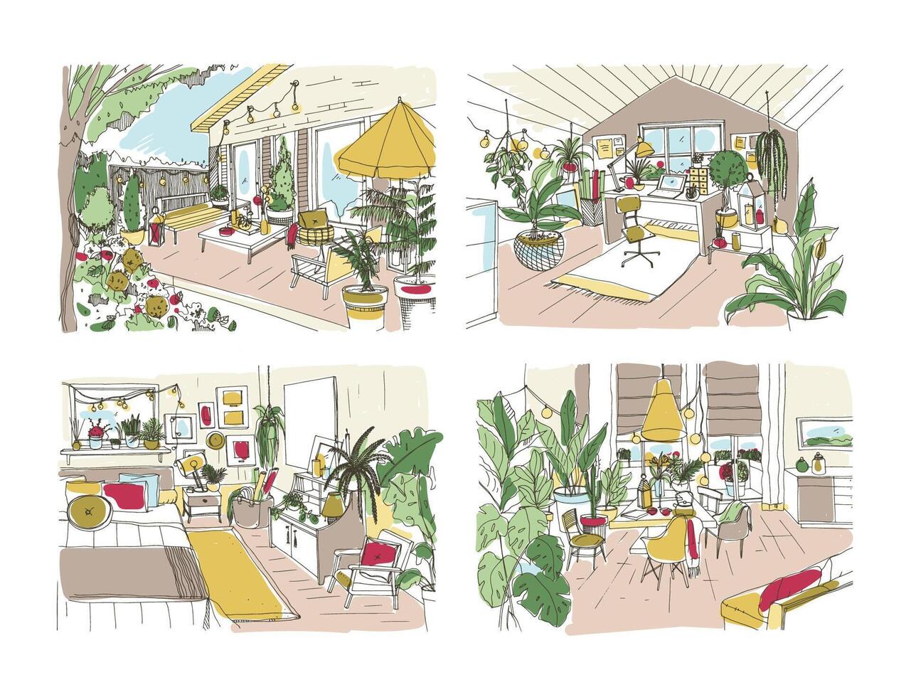 Bundle of colorful free sketches of house or apartment furnished in Scandinavian style. Set of rooms full of stylish furniture. Trendy home interior design. Hand drawn illustration. vector