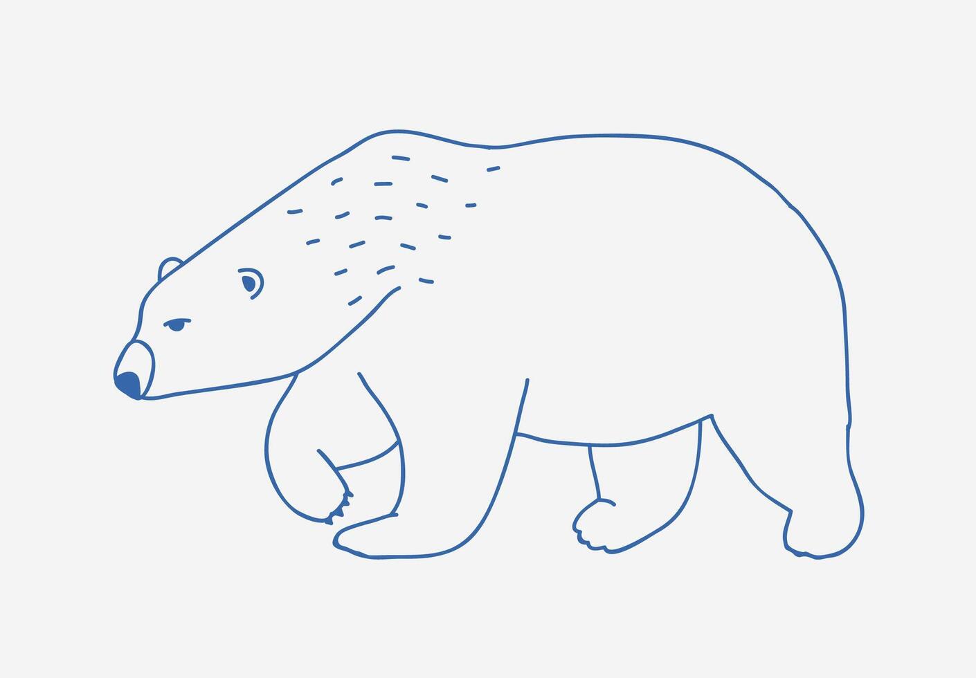 Walking or wandering polar bear hand drawn with blue contour lines on white background. Sad and fierce cartoon wild Arctic animal, large northern carnivorous mammal. Monochrome illustration. vector