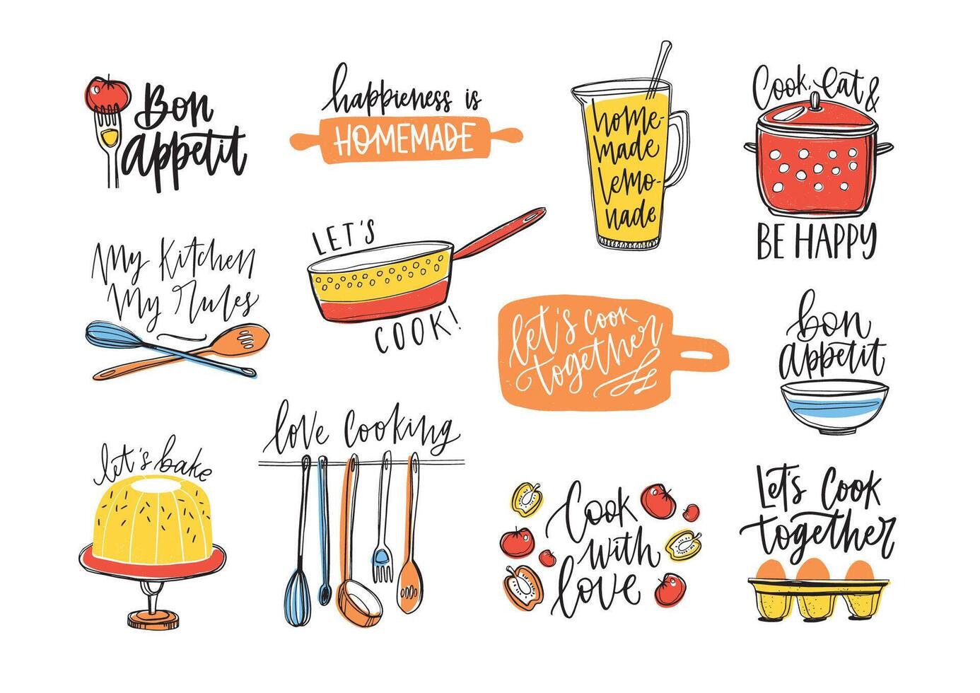 Bundle of inscriptions handwritten with cursive calligraphic font and decorated with kitchen utensils and food. Set of elegant lettering and tools for cooking or food preparation. illustration. vector