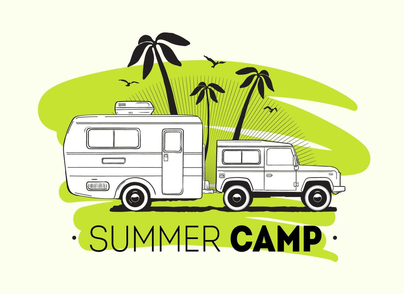 Car towing caravan trailer or travel camper against palm trees on background and Summer Trip lettering. Recreational vehicle for road journey or seasonal camping. illustration for logo, ad. vector
