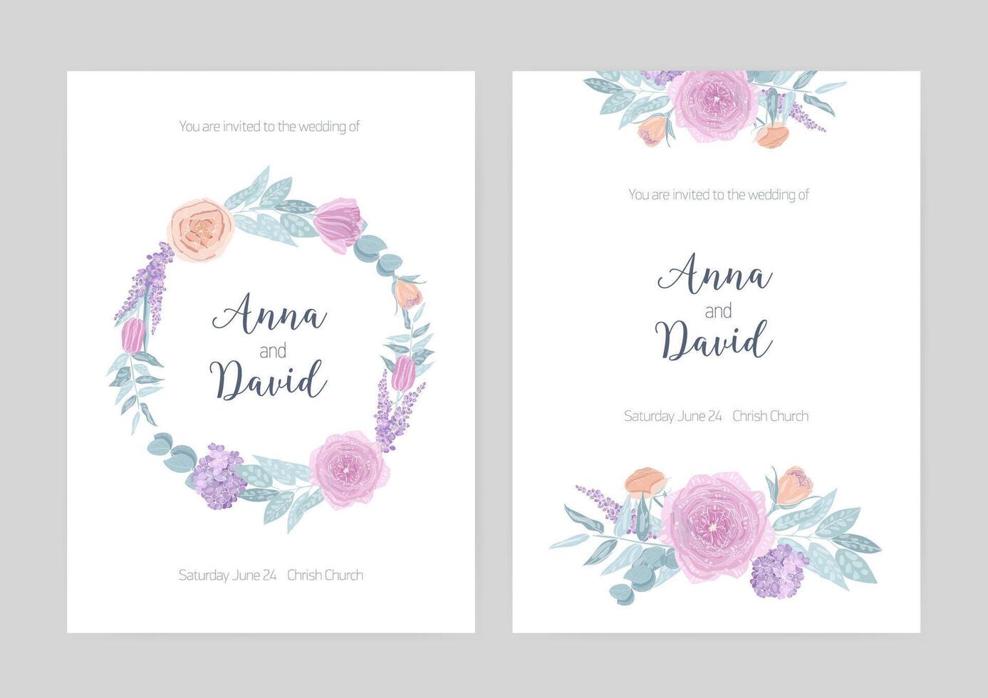 Bundle of elegant wedding invitation templates decorated with wreath and bouquets made of blooming flowers. Set of cards with floral decorative elements and place for text. illustration. vector