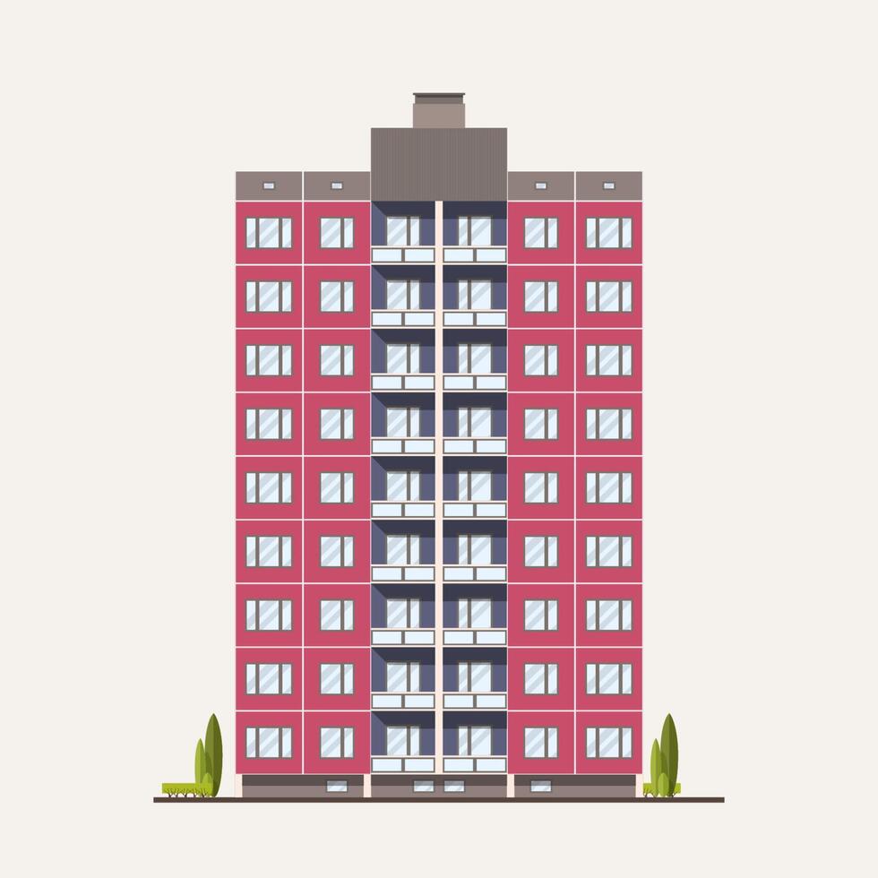 Modern pink prefabricated panel building built in Soviet architectural style. Exterior or facade of residential house with balconies isolated on white background. Flat colorful illustration. vector
