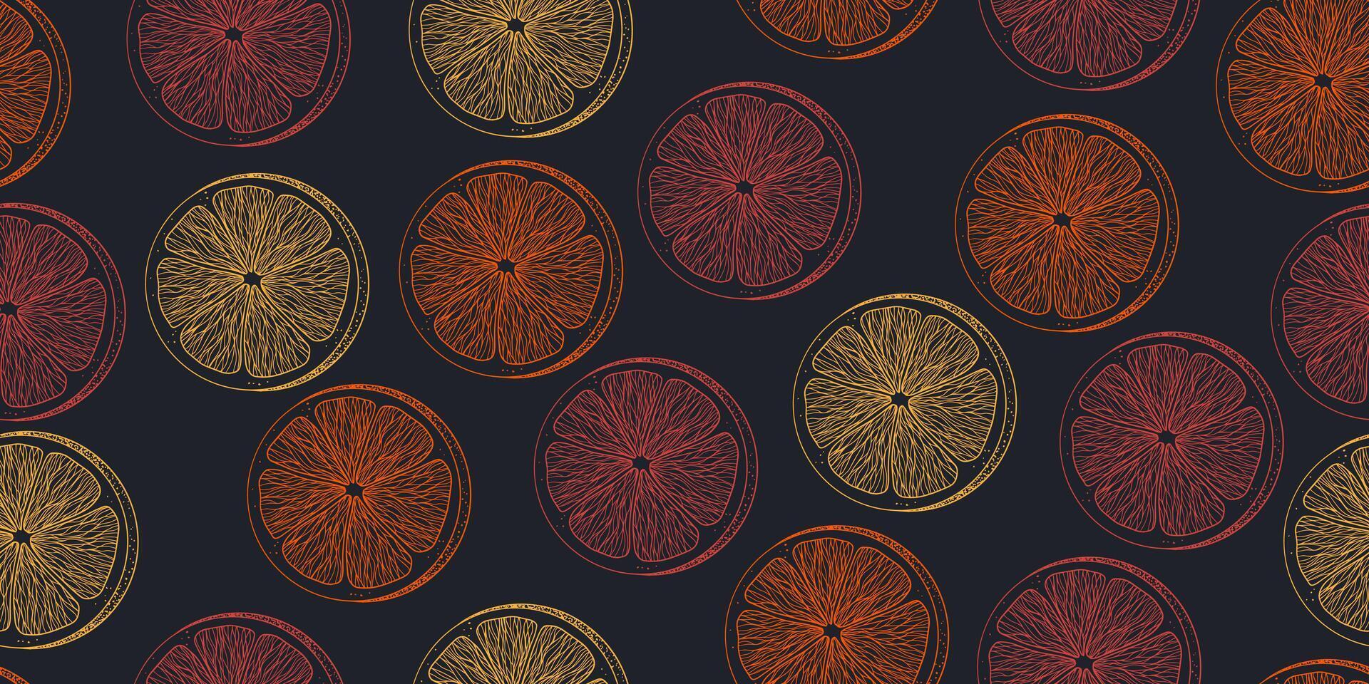 Seamless pattern with orange, grapefruit, lemon. Sketch of citrus. Engraving style slices of oranges on black background. Hand drawn vintage illustration with fruits vector