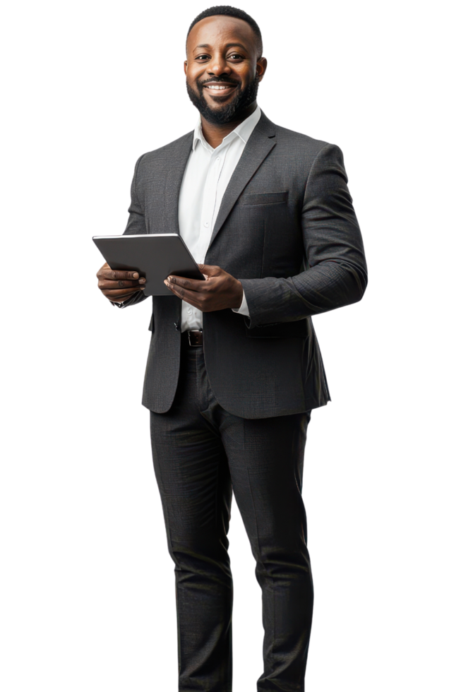 Project manager standing confidently with a tablet and professional attire showing leadership and success present on a transparent background png