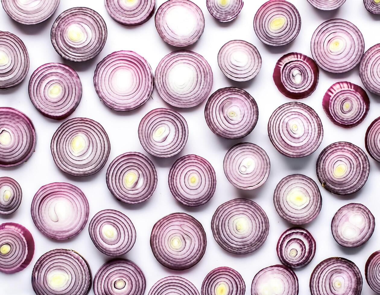 red onion slices. pattern texture background. isolated on white background photo