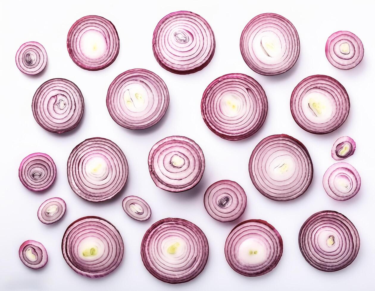 red onion slices. pattern texture background. isolated on white background photo
