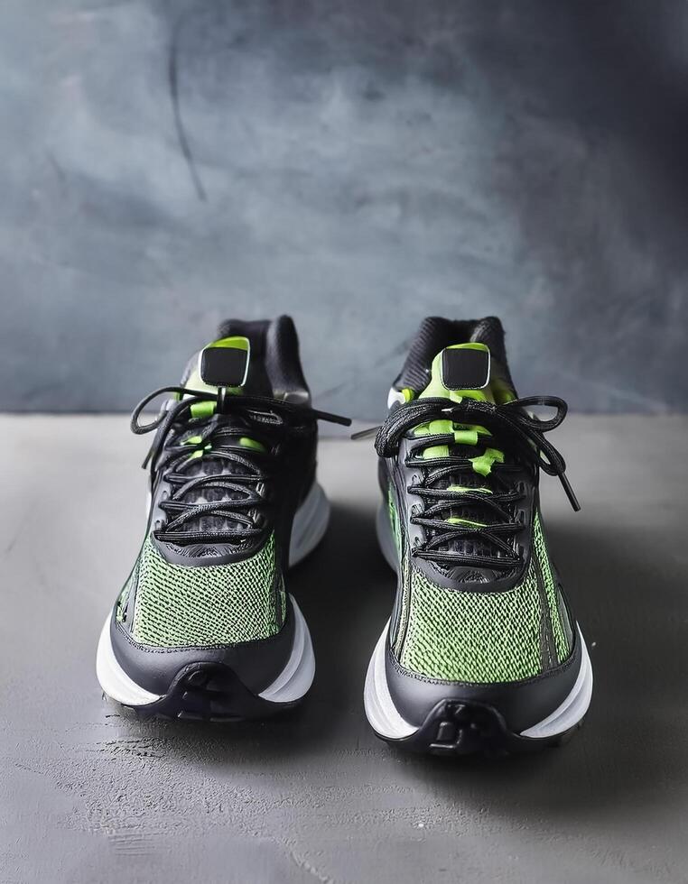 A pair of insulated running shoes on a concrete surface. Sports Shoes photo