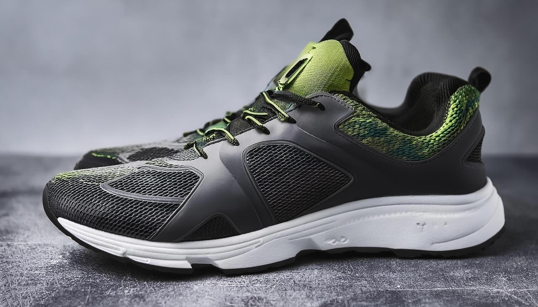 A pair of insulated running shoes on a concrete surface. Sports Shoes photo