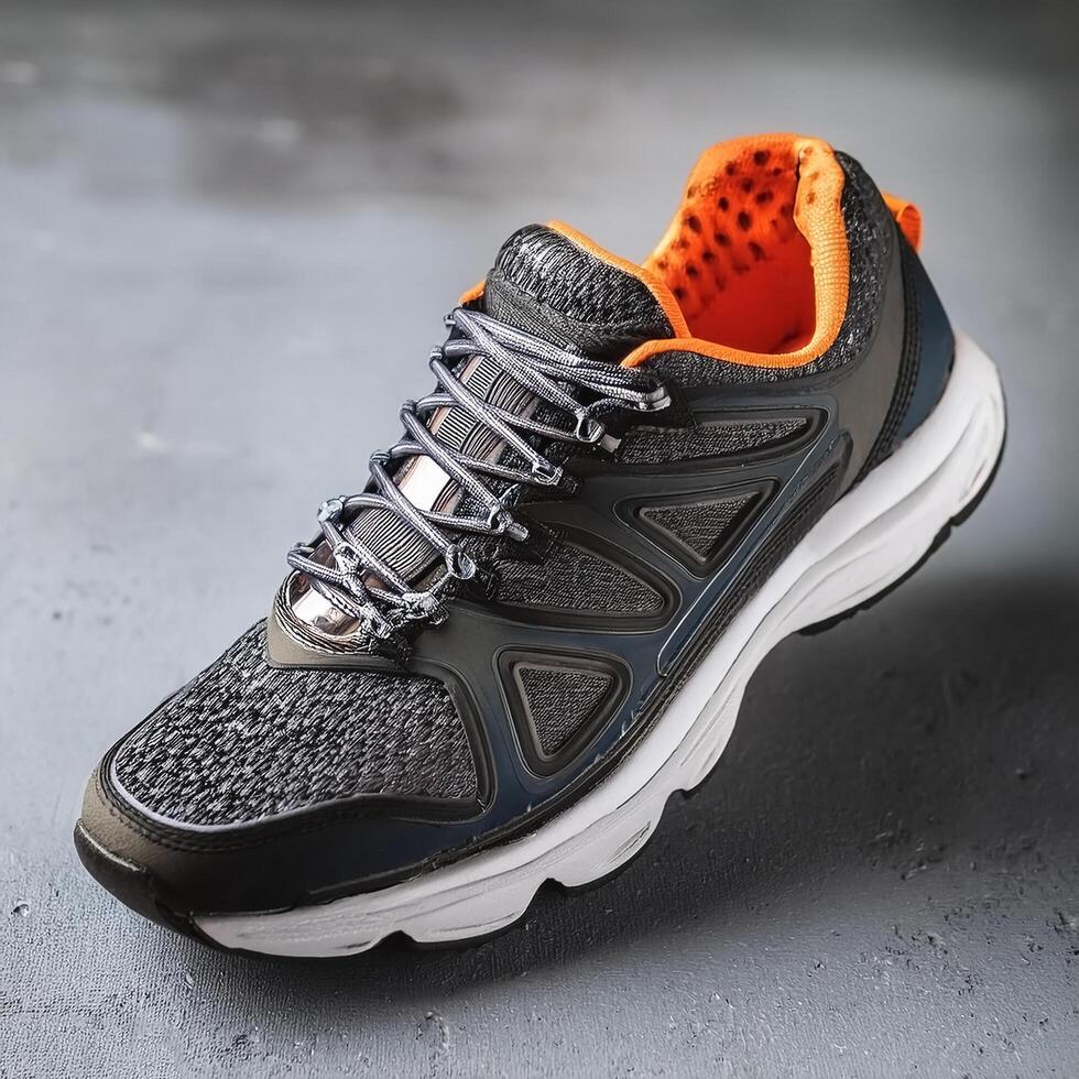 A pair of insulated running shoes on a concrete surface. Sports Shoes photo