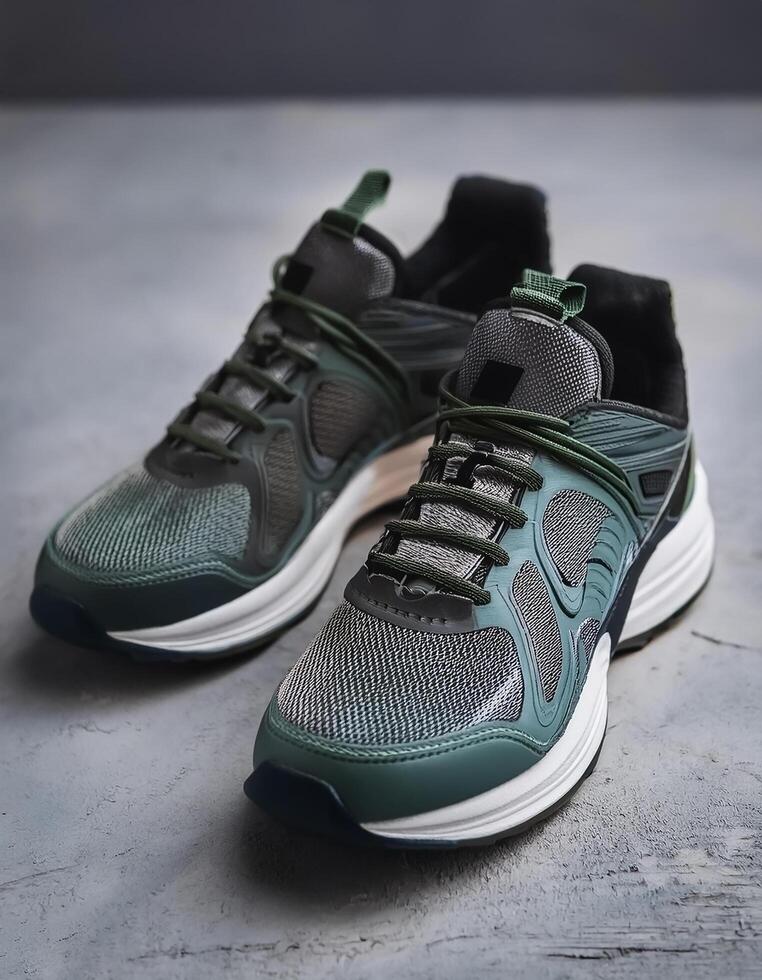 A pair of insulated running shoes on a concrete surface. Sports Shoes photo