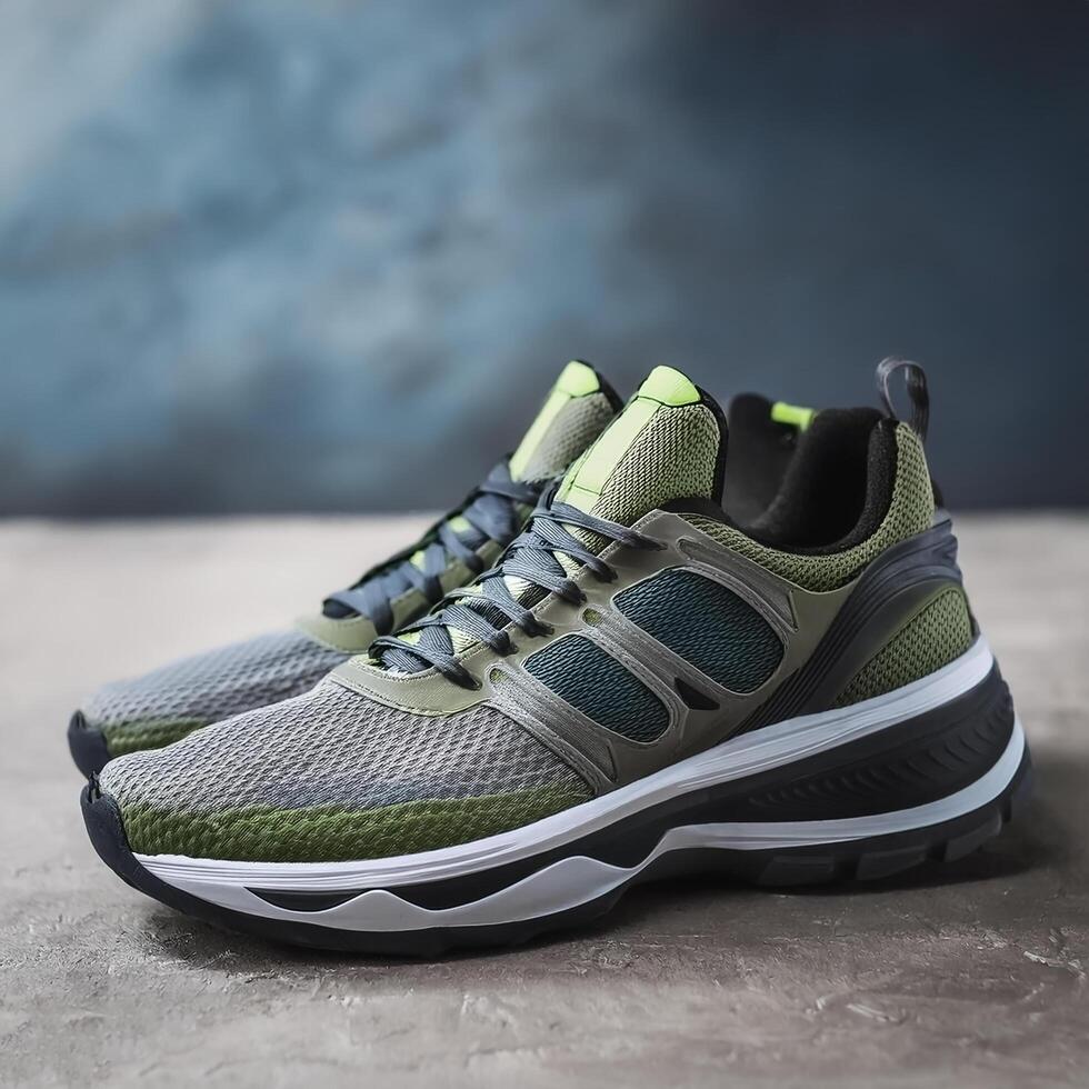 A pair of insulated running shoes on a concrete surface. Sports Shoes photo