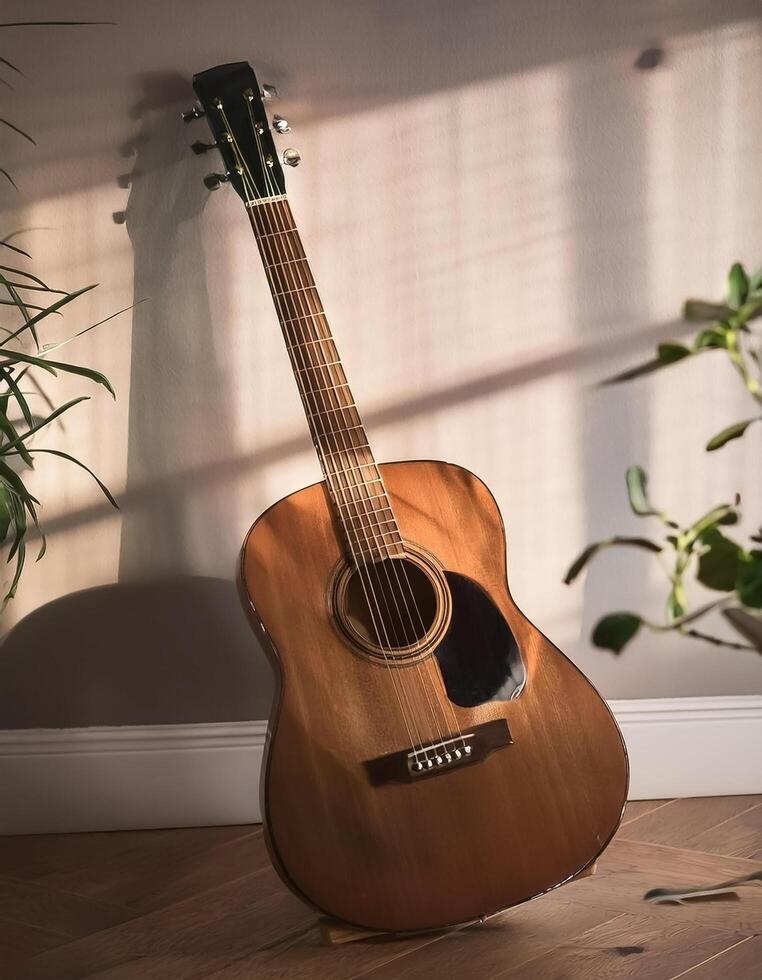 An acoustic guitar sits in a quiet corner of the room. Musical Instruments photo