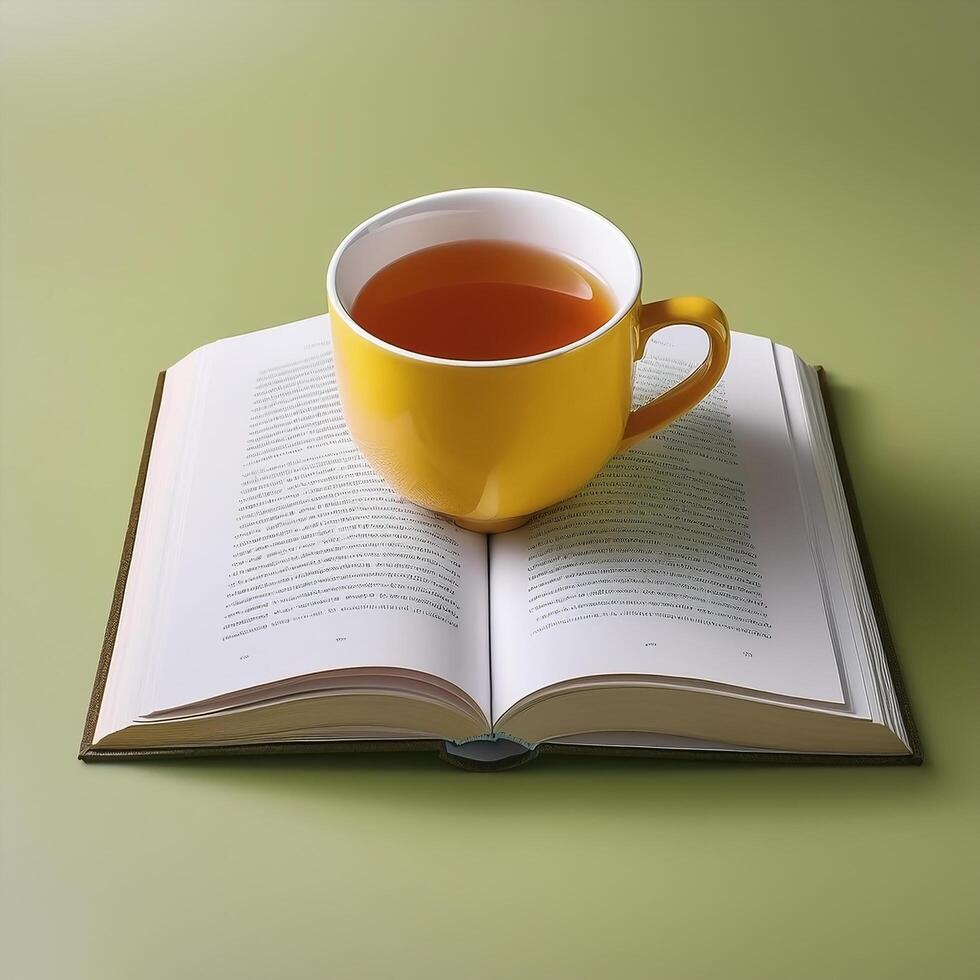 An open book with a cup of tea beside it isolated on minimalist background photo