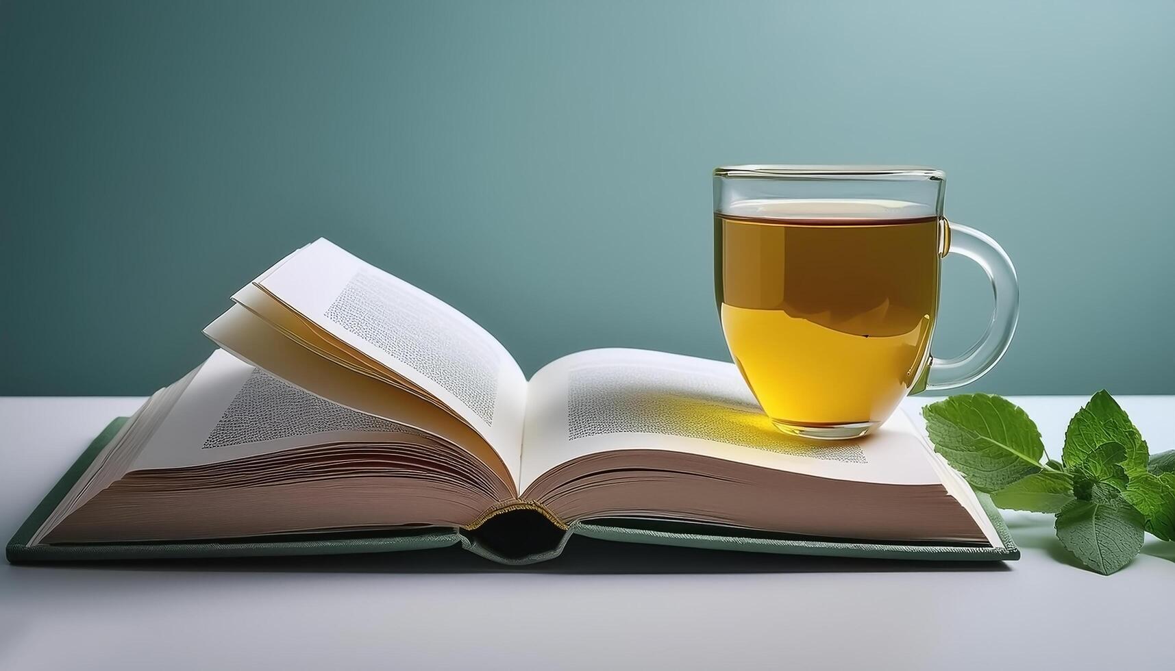 An open book with a cup of tea beside it isolated on minimalist background photo