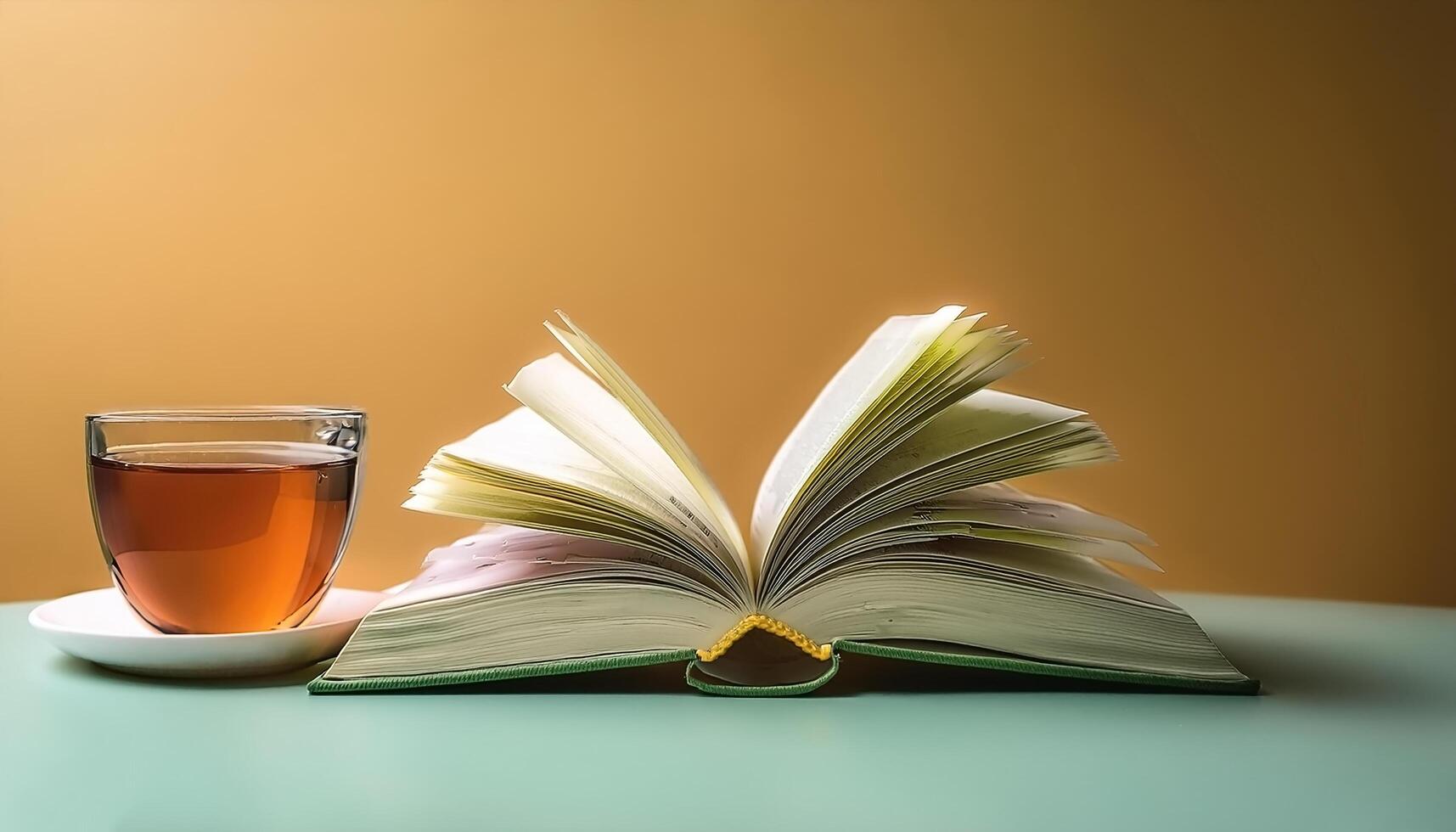 An open book with a cup of tea beside it isolated on minimalist background photo