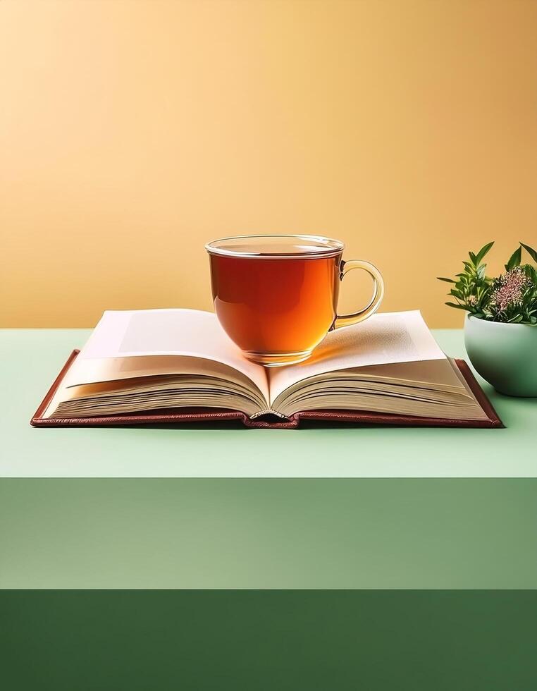 An open book with a cup of tea beside it isolated on minimalist background photo