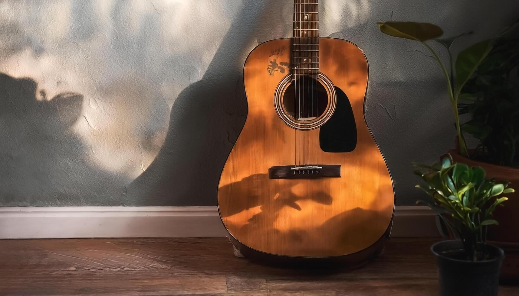 An acoustic guitar sits in a quiet corner of the room. Musical Instruments photo
