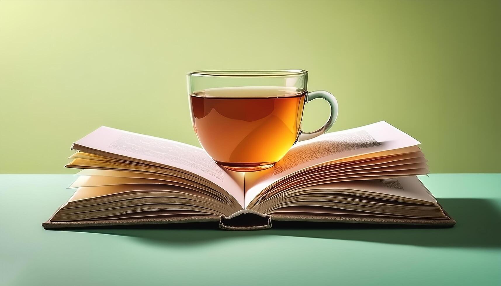 An open book with a cup of tea beside it isolated on minimalist background photo