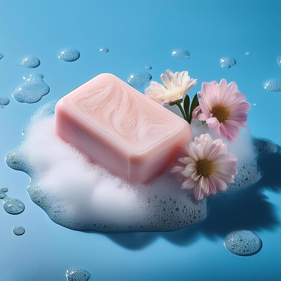 Bar soap is kept on a minimalist background with flowers surrounding it and foam photo
