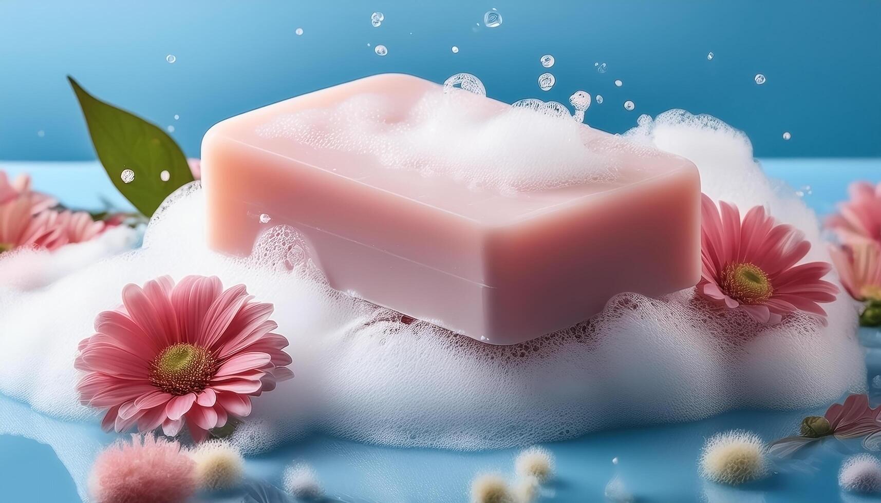 Bar soap is kept on a minimalist background with flowers surrounding it and foam photo