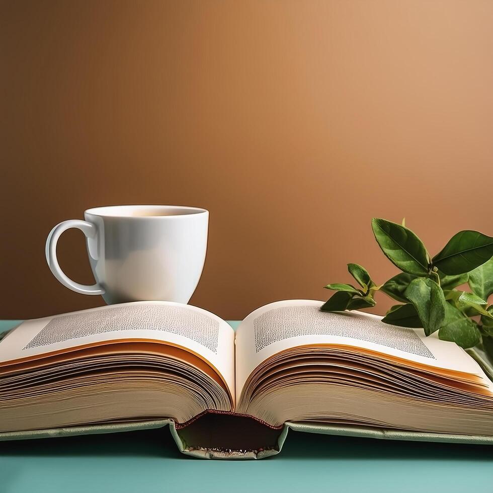 An open book with a cup of tea beside it isolated on minimalist background photo