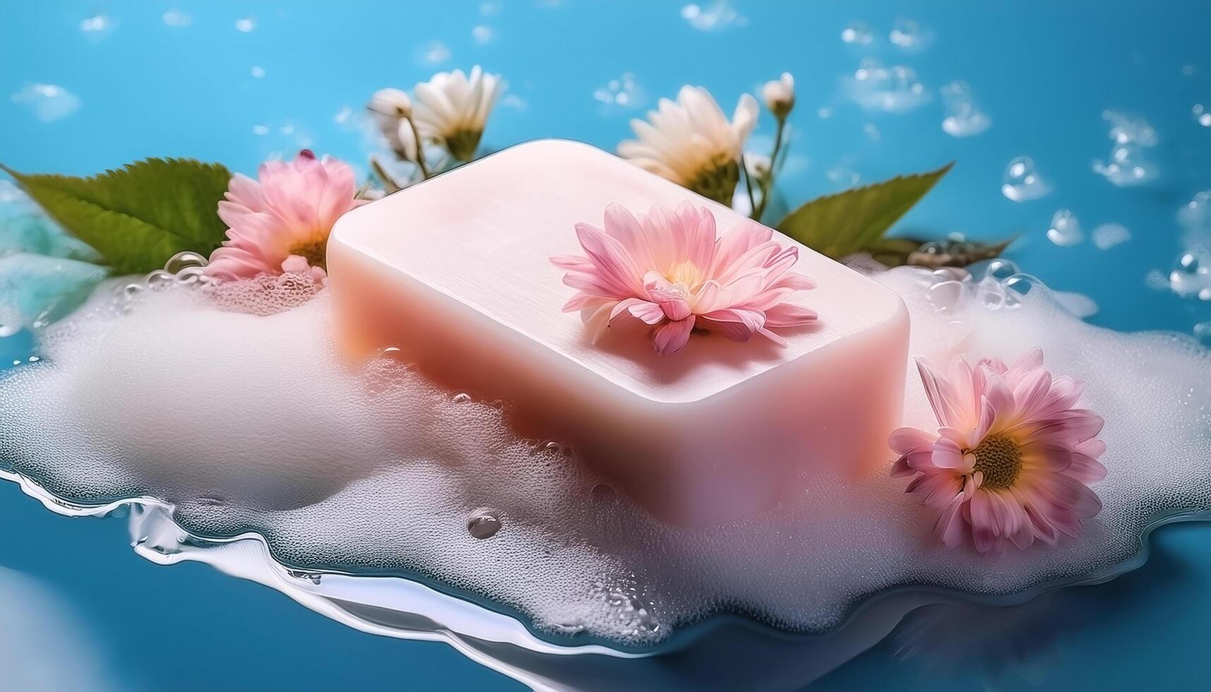 Bar soap is kept on a minimalist background with flowers surrounding it and foam photo