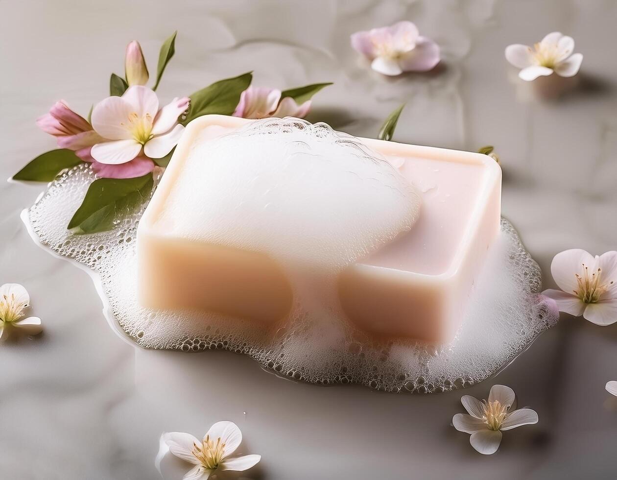 Bar soap is kept on a minimalist background with flowers surrounding it and foam photo
