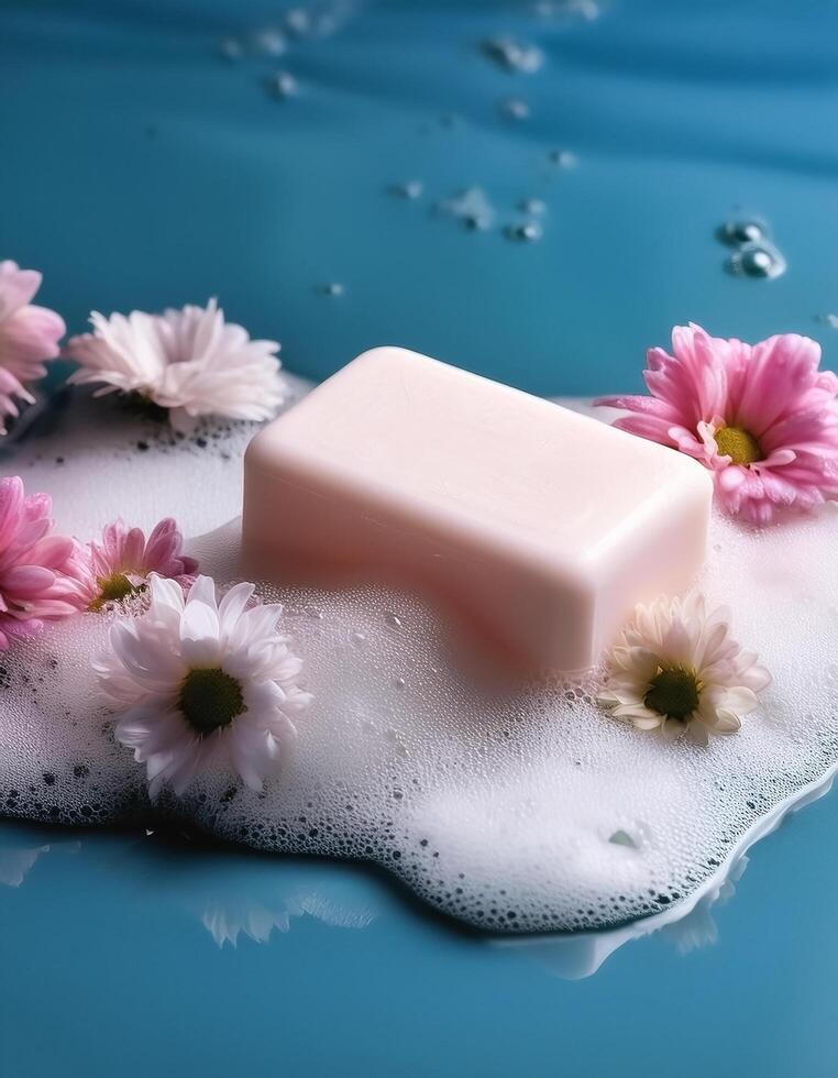 Bar soap is kept on a minimalist background with flowers surrounding it and foam photo