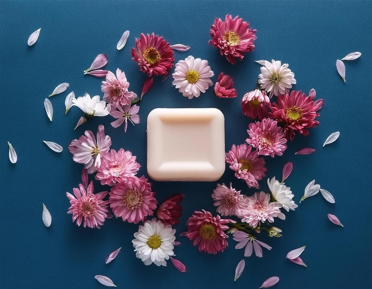 Bar soap is kept on a minimalist background with flowers surrounding it photo