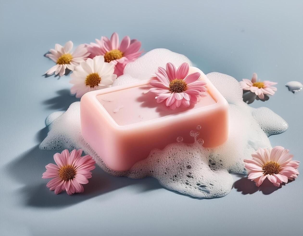 Bar soap is kept on a minimalist background with flowers surrounding it and foam photo