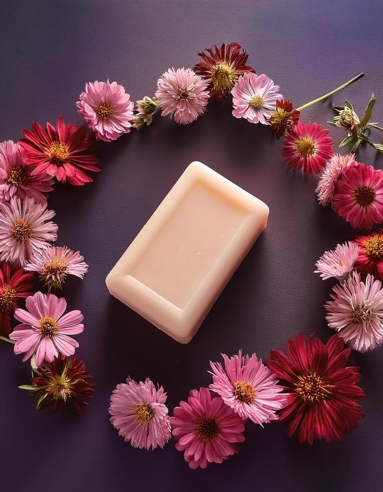 Bar soap is kept on a minimalist background with flowers surrounding it photo