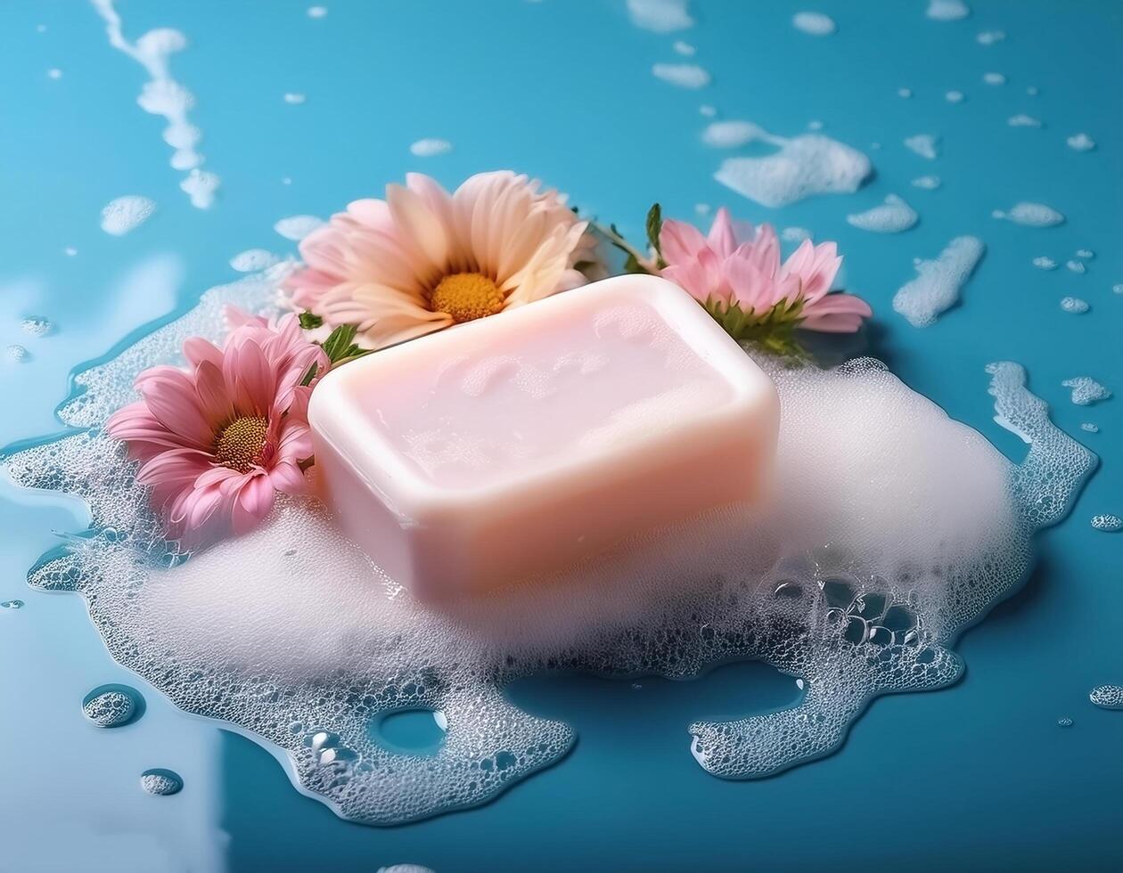 Bar soap is kept on a minimalist background with flowers surrounding it and foam photo