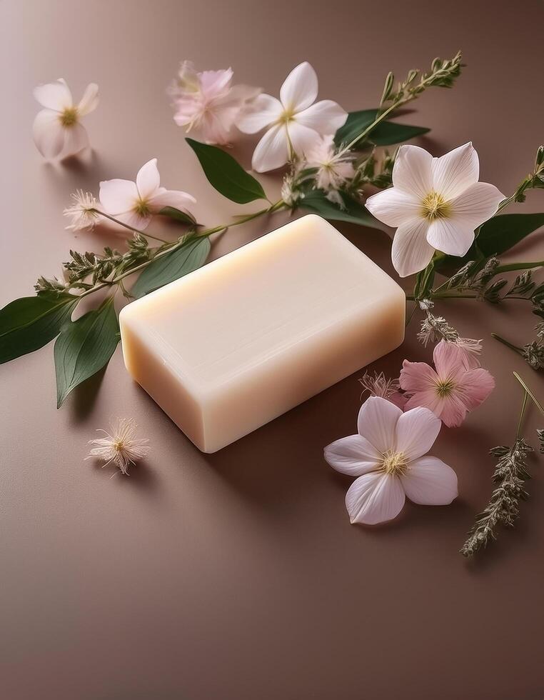 Bar soap is kept on a minimalist background with flowers surrounding it photo