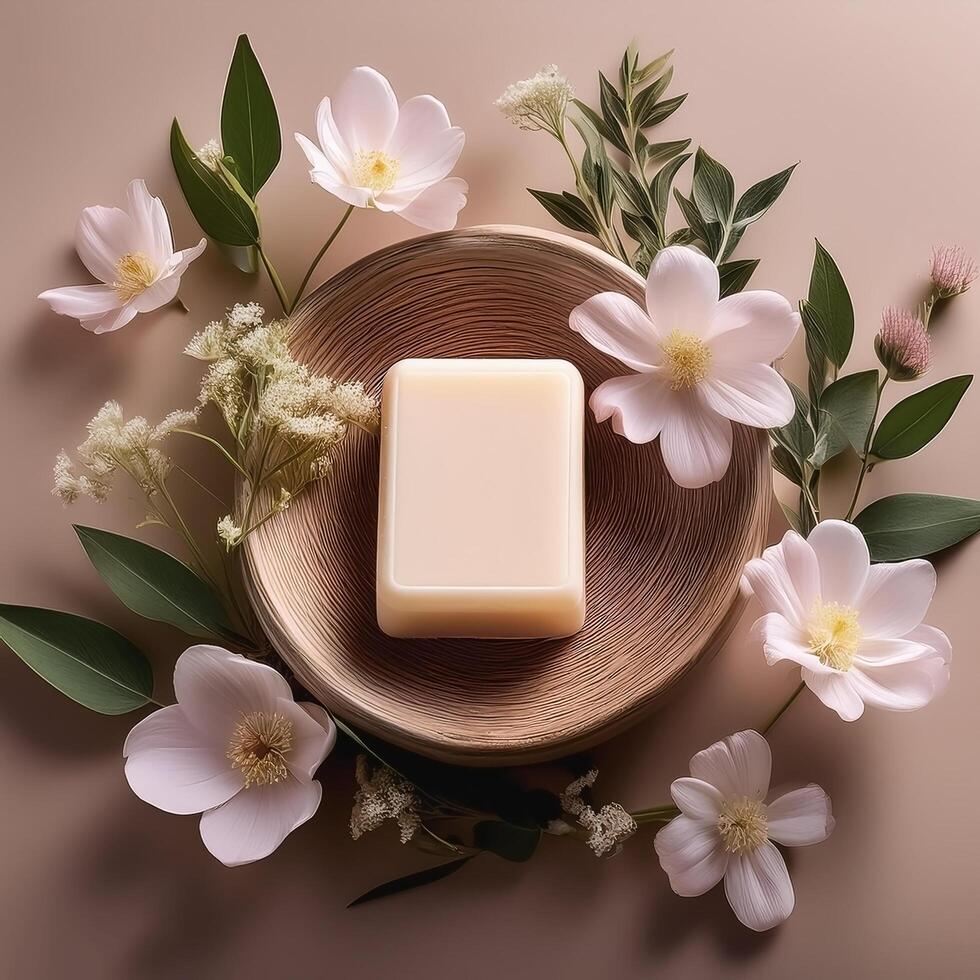 Bar soap is kept on a minimalist background with flowers surrounding it photo