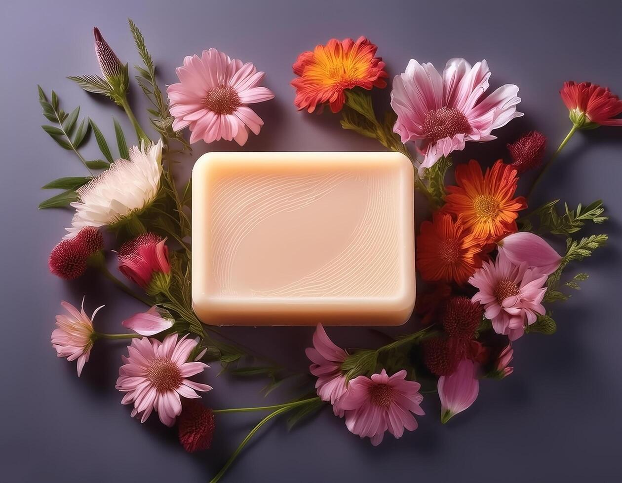 Bar soap is kept on a minimalist background with flowers surrounding it photo