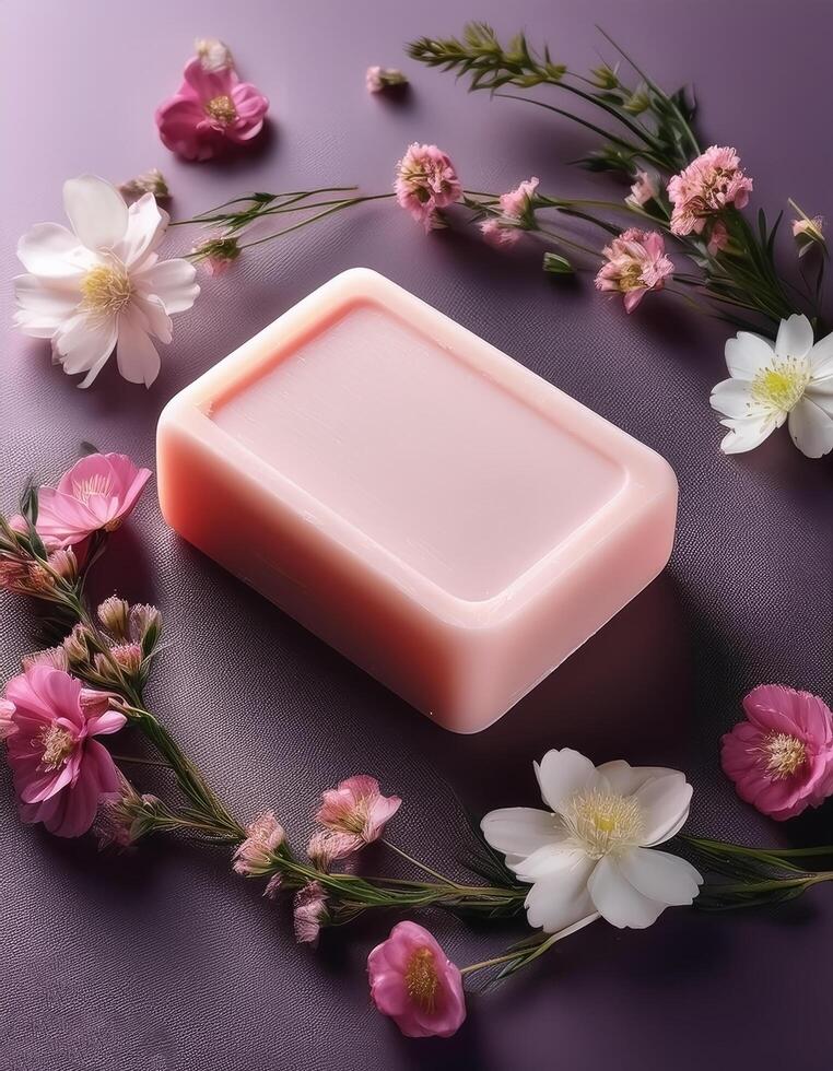 Bar soap is kept on a minimalist background with flowers surrounding it photo