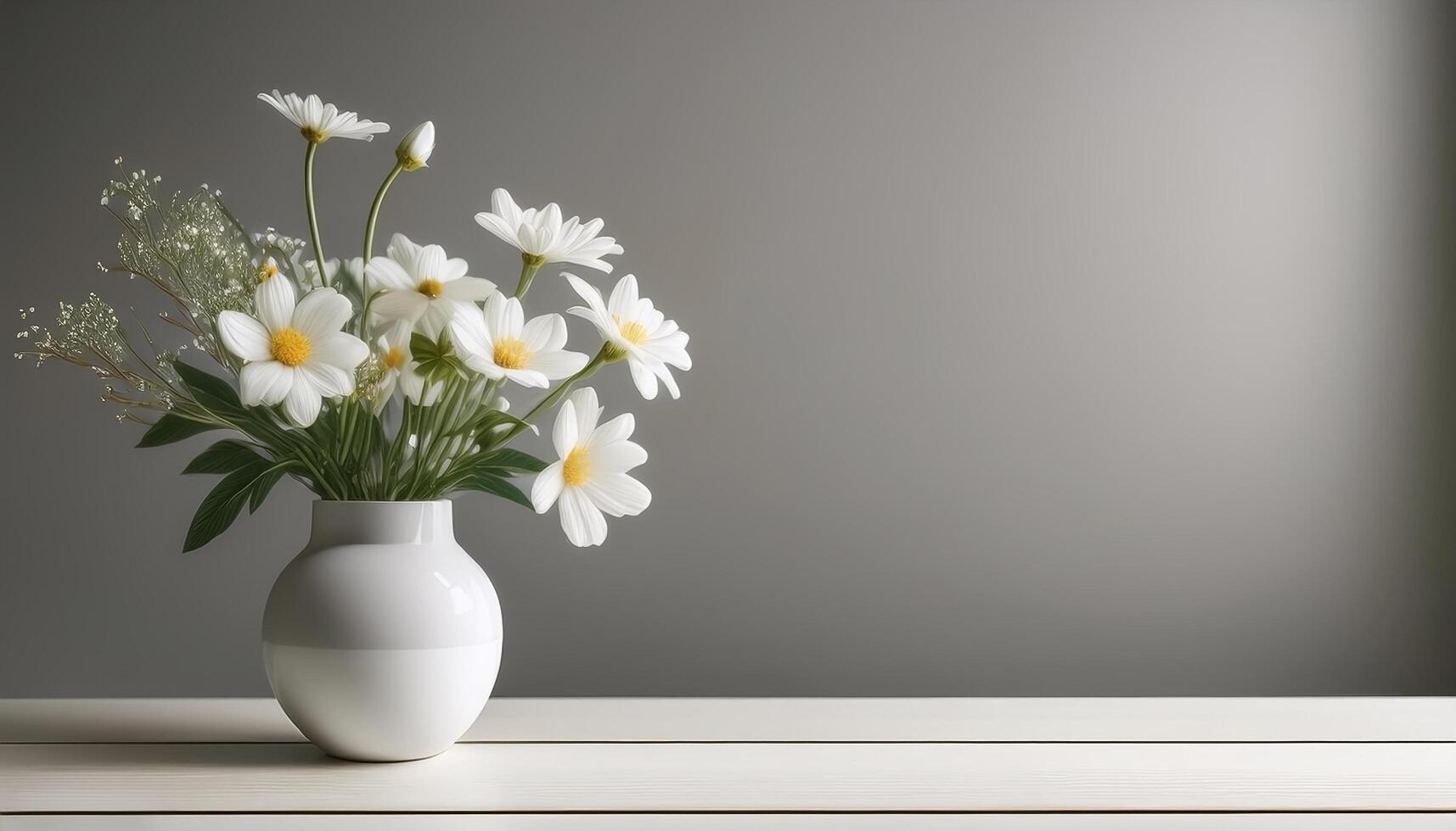 Fresh flowers in a simple vase on a table with a minimalist background photo