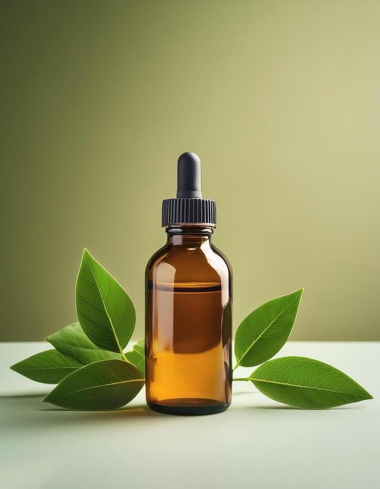 Herbal medicine bottle with some fresh leaves beside it isolated on minimalist background photo