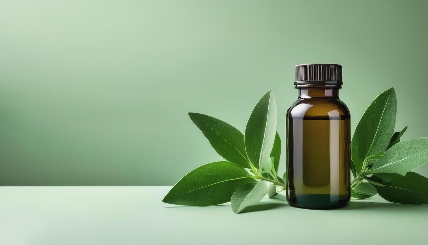 Herbal medicine bottle with some fresh leaves beside it isolated on minimalist background photo