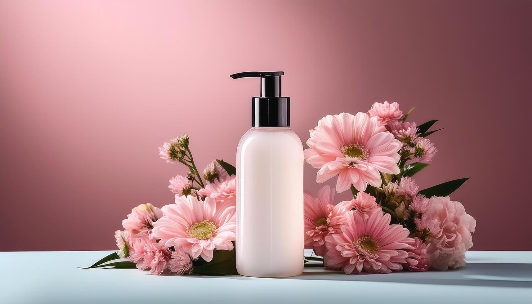 Lotion bottle with fresh flowers beside it isolated on minimalist background photo