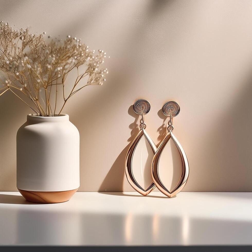 Minimalist Jewelry. Simple earrings placed on a clean table photo