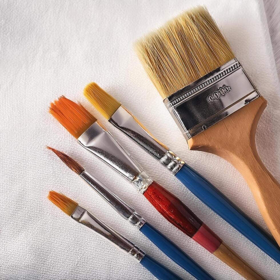 Paint and brushes lie on a white canvas. Creative Activities photo